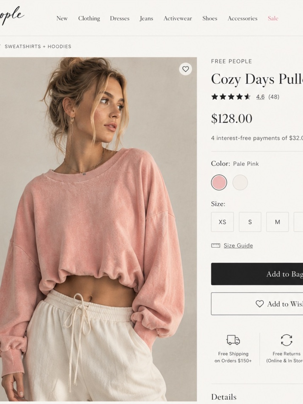 Free People Pale Pink Cropped Cozy Pullover